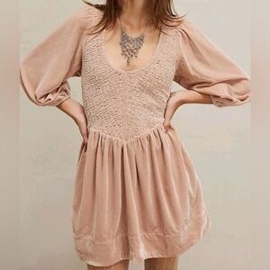 Free People Farrier A-Line Smocked Velvet Mini Dress Blush Pink Size Large